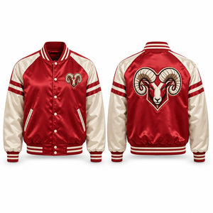 Varsity Satin <b>Jacket</b> Sublimated Graphics Smooth Finish Ribbed Collar Personalized Artwork Embroidered <b>Patch</b> Promotional Athletic - Product Image 1