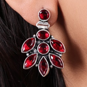 Wholesale Supplier Oxidized Silver <b>Garnet</b> Bezel Set Flower Drop <b>Earrings</b> Boho Wedding Statement Jewelry Wholesale Bulk Women's - Product Image 2