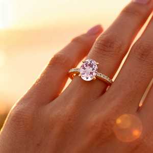 Bague en or jaune 14 carats avec morganite rose et diamant de taille ovale avec logo personnalisé, bijouterie fine faite à la main, bagues de fiançailles de mariage pour la Saint-Valentin - Product Image 2