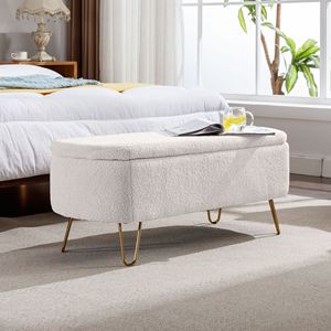 Modern Ivory White Faux Fur Entryway Bench <b>Padded</b> Storage Ottoman with Gold Legs for Home for End Beds or <b>Stools</b> & Ottomans - Product Image 1