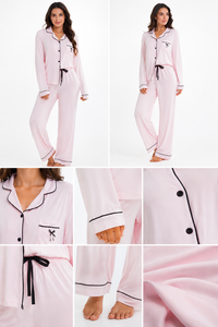 Conjunto de Pijama Casual al por Mayor con Diseño de Satán - Elegante Ropa de Dormir Rosa de Manga Larga con Ribetes en Contraste para Artículos de Descanso de Verano - Product Image 4