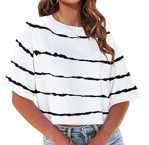 T-shirt court oversize élégant et tendance à rayures pour femme, coupe ample, en coton, idéal pour le sport, la gym, l'entraînement et les activités de plein air - Product Image 1