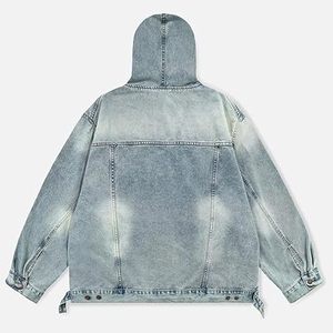 New Arrival <b>Men's</b> Clothing Pullover Denim Jeans Hoodie Custom Acid Washed <b>Raincoat</b> Jeans Hooded Breathable Sun Faded Hoodie - Product Image 6