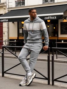 Ensemble de survêtement pour homme de qualité supérieure, 2 pièces, sweat-shirt à capuche et pantalon de survêtement, tissu jacquard gaufré, tenue décontractée pour le jogging - Product Image 3