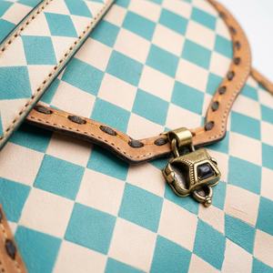 Vintage Genuine <b>Leather</b> Lightweight Shoulder Bag Diamond Lattice Pattern Buckle Closure Single Strap Turquoise White Women's - Product Image 2