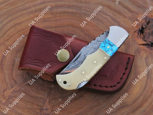 Cuchillo Plegable Profesional de Acero Damasco Sanmai con Cobre, 58 HRC, Afilado como una Navaja, Mango de Hueso de Camello y Turquesa, Cuchillo de Bolsillo EDC para Camping - Product Image 6