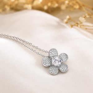 925 <b>Sterling</b> <b>Silver</b> Flower Pendant Charm Link Chain <b>Necklace</b> Round Brilliant Cut Moissanite Women's Wear - Product Image 4