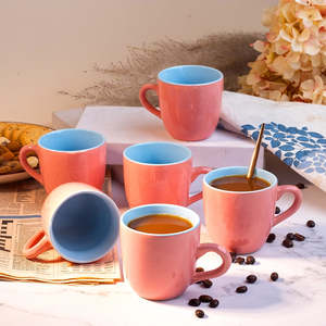 Ensemble de 6 tasses à thé en céramique brillantes bicolores de 400 ml, mugs en grès émaillé compatibles micro-ondes avec soucoupes, impression personnalisable - Product Image 2