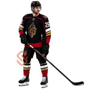 Maillot de hockey sur glace personnalisé pour hommes, noir, rouge, or, avec motif épée, uniforme d'équipe sublimé, vente en gros, fournisseur OEM de vêtements de hockey professionnels au Canada - Product Image 1