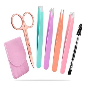 Juego de 5 Pinzas para Cejas de Acero Inoxidable, Tijeras, Cepillo Antiestático, Estuche Rosa Moderno, Herramientas Multicolores para un Aseo Preciso - Product Image 1