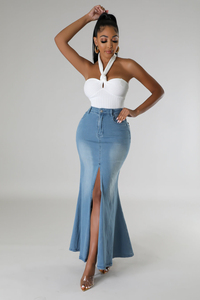 Women's Solid Spring <b>Stretch</b> <b>Denim</b> Straight Maxi Floor-Length Skirt - Product Image 3