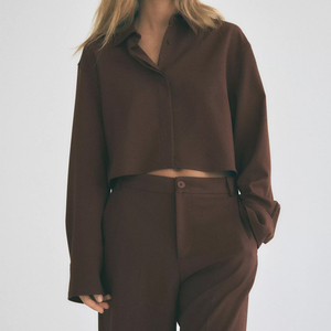 Women's 2 Piece Brown Shorts Set With Turn-<b>Down</b> Collar Blazer Top And Mid-Calf <b>Pants</b> Regular Fit Solid Color All Seasons Wear - Product Image 5
