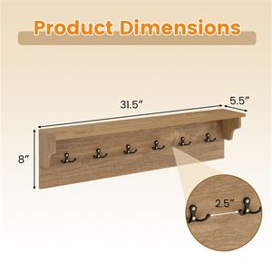 Appendiabiti da Parete con Finitura Naturale, 6 Ganci e Capacità di 50 kg, Mensola 80x14x20 cm - Product Image 4