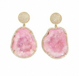 Boucles d'oreilles en argent sterling 925 plaqué or 18 carats avec géode rose sertie de pierres précieuses et zircone cubique intégrée, au design tendance - Product Image 3