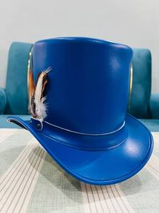 Sombrero de copa de cuero azul con plumas para adultos, disfraz de fiesta unisex - Product Image 5