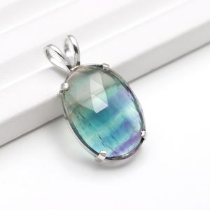 <b>Rainbow</b> Fluorite Oval Pendant 925 Sterling Silver Handmade Boho Gemstone Jewelry Dainty Necklace Children's Women's Ethnic Gift - Product Image 3