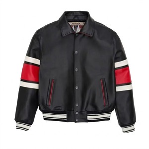 Blouson universitaire noir en cuir PU pour homme, col rabattu, blocs de couleur, doublure satinée, manteau décontracté, blouson moto en cuir de vachette - Product Image 1