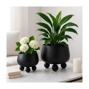 Black Metal Tabletop Vases Set of <b>2</b> Mid Century Modern with Ball Feet Decorative Planter - Product Image 5