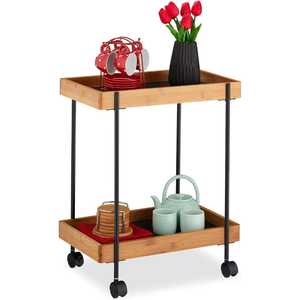 Eco-Friendly Bamboo <b>Serving</b> Cart 2-Tier Natural Wood Kitchen <b>Trolley</b> Rolling Tea Station Modern Black Metal Frame Mobile - Product Image 1