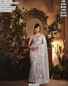 Sari de Boda Artístico de Organza con Flujo Artístico, Sin Arrugas y que Absorbe la Humedad - Product Image 3