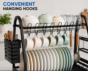Égouttoir à vaisselle en métal à 2 niveaux avec porte-couverts, égouttoir de cuisine noir durable pour assiettes et bols - Product Image 2