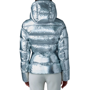 High Quality Custom Brand Logo <b>Silver</b> Quilted Puffer <b>Jacket</b> Women Hooded Full Zip Winter Coat With Detachable Hat Regular Fit - Product Image 2