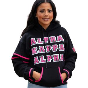 Sweat à capuche noir pour femme, broderie chenille lettres grecques, bordure rose, polaire premium, pull décontracté pour l'hiver - Product Image 1