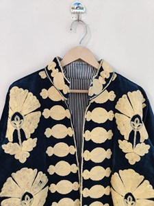 Velvet Hand Embroidered Suzani Quilted Jacket Breathable Cotton Bohemian Women's <b>Coat</b> - Product Image 4