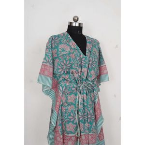 Kaftan en coton fait main imprimé au bloc pour femme, style bohème floral, tunique d'été confortable grande taille, robe de mariée, par-dessus maillot de bain - Product Image 4