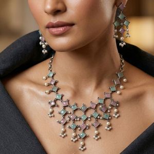 Oxidised Plated Crystal Stone and Pearls Necklace Set 11714291PGR - Product Image 1