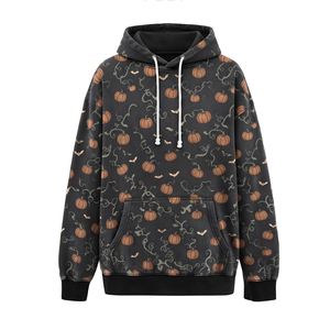 Sweat-shirt à capuche en molleton pour homme, style streetwear décontracté Halloween, imprimé citrouille et chauve-souris, avec poche kangourou et bordures contrastées - Product Image 1