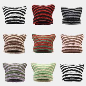 Adjustable <b>Cat</b> Ear Striped 3D Embroidery Beanie <b>Hat</b> 100% Acrylic Unisex Casual Winter Beach Outdoor Headwear - Product Image 5