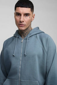 Sweat à capuche zippé de qualité supérieure 100 % coton French Terry, logo personnalisé, épais, coupe oversize à épaules tombantes, style boxy pour homme - Product Image 3