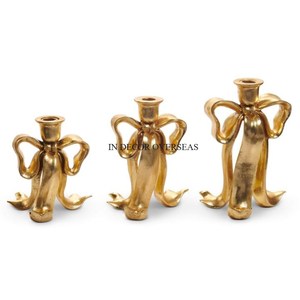 Golden Color Attractive Look <b>Brass</b> <b>Candlestick</b> <b>Holder</b> Set Gold Finish Bow Design Home Decoration Durable Metal Candles <b>Holder</b> - Product Image 1
