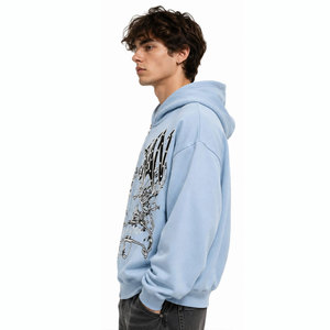Light <b>Blue</b> Hooded Zip-Up Sweatshirt <b>Men's</b> Oversized Casual Cotton Knitted Print Front Autumn Style Regular Sleeve - Product Image 4