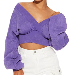 Custom Women's Cross Neck Cropped Lounge Sweatshirt 100% Cotton Casual Crop Pullover Off Shoulder Women's Hoodies - Product Image 2