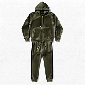 Ensemble jogging deux pièces en velours noir pour homme, sweat à capuche zippé et pantalon à taille élastique, style streetwear décontracté - Product Image 5