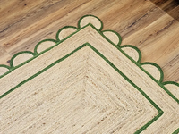 Tapis d'intérieur festonné en jute naturelle tissé à la main, bordure verte, style farmhouse bohème, pour salon, chambre, entrée, taille personnalisée