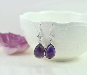 Nikhil Gems NG-033 Amethyst Teardrop Gemstone <b>Earrings</b> Sterling Silver Trendy Third Party Certified Bridesmaids Jewelry Gift for - Product Image 1