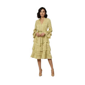 Vestido Midi Elegante de Manga Larga con Cuello en V y Mangas Abullonadas, Estilo Francés, Transpirable, Color Sólido, Nueva Colección Primavera 2026 para Mujer - Product Image 1
