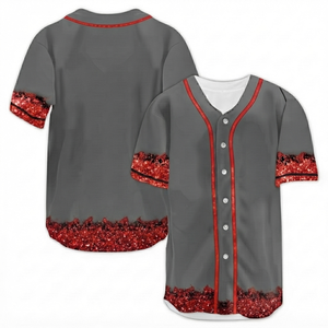 Maillot de baseball gris anthracite personnalisé avec bordure rouge pailletée, sublimé, boutonné, pour équipe sportive, 100 % polyester, maille respirante, col en V - Product Image 1