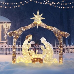 Presepe da Giardino con Tetto Marrone e 190 LED, Decorazione Natalizia con Gesù, Luci di Natale da 6 Piedi - Product Image 6