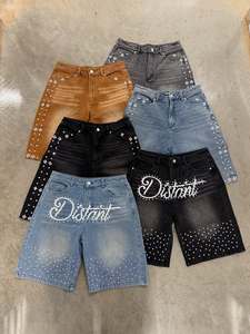 Shorts de Mezclilla Unisex con Pedrería, Cintura Alta, Lavados y Desgastados, Brillantes, para Hombre y Mujer, Estilo Urbano para Festivales de Verano 2026 - Product Image 1