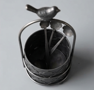 Vintage Silver Metal Cutlery Holder with Bird Top Standing <b>Utensil</b> <b>Organizer</b> Flower Handle for Kitchen - Product Image 3