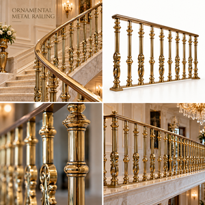 Rampe d'escalier en métal doré orné avec balustres tournés décoratifs et détails en relief pour les intérieurs de villas de luxe - Product Image 5