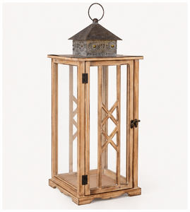 Handcrafted <b>Large</b> Farmhouse Wooden Lantern Rustic Vintage Decorative Floor <b>Candle</b> Holder with Metal Top for Home Decoration - Product Image 1