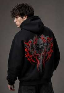 Sweat à capuche gothique pour homme, noir et rouge, imprimé crâne et flammes au dos, coupe classique, en polyester French Terry, idéal pour l'automne - Product Image 2