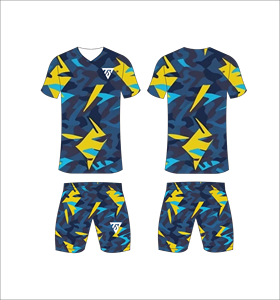 Custom sublimated soccer uniform set for men with blue navy and yellow camouflage pattern print jersey and matching <b>shorts</b> - Product Image 1