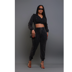 Ensemble haut court à capuche en tricot noir pour femme et pantalon de jogging taille haute, manches longues, style décontracté, couleur unie, respirant, toutes saisons - Product Image 3