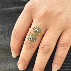 Designer gemstone gold plated <b>ring</b> natural labradorite hand carved double gemstone <b>adjustable</b> <b>rings</b> with tiny purple cz accent - Product Image 3